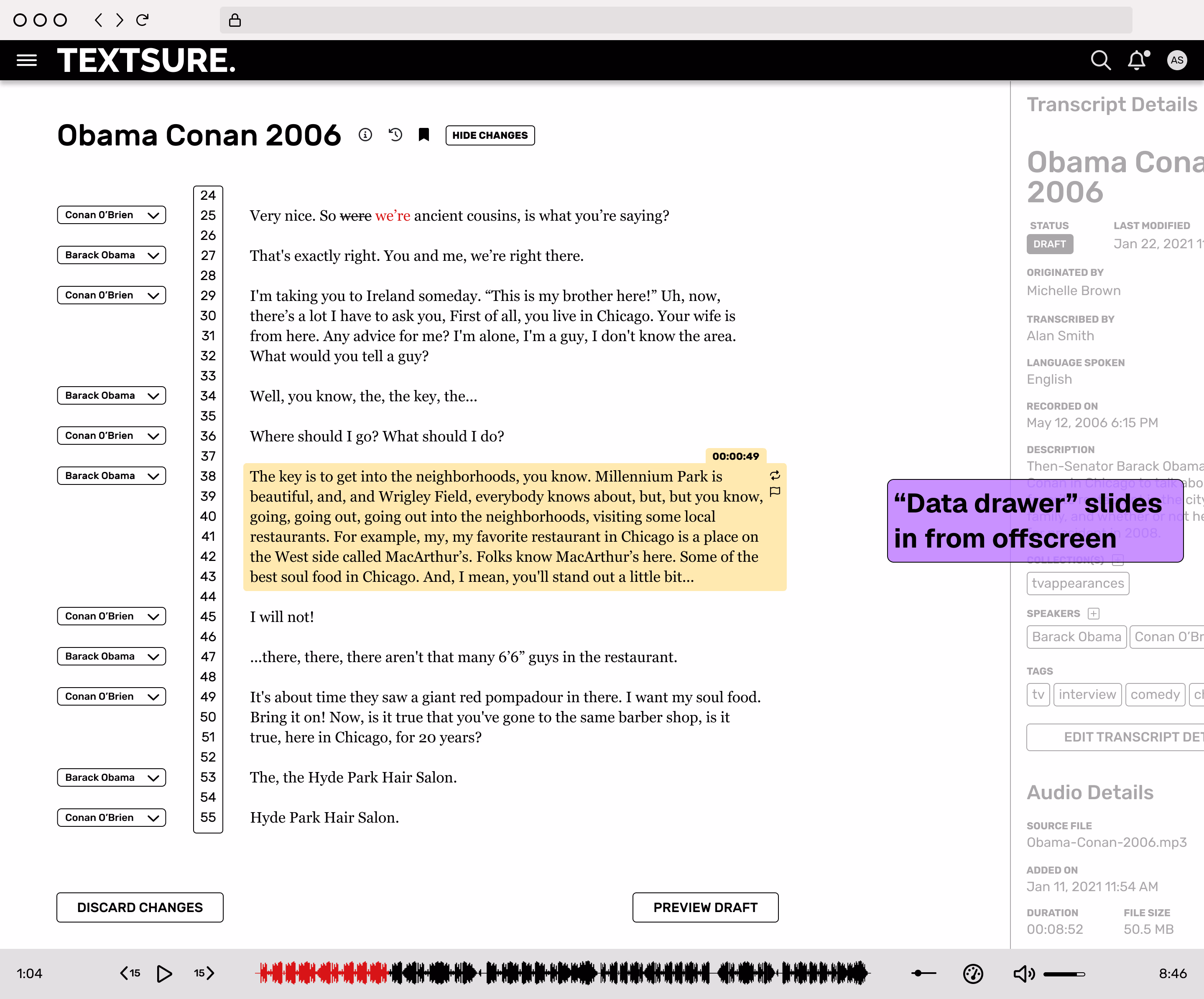 Audio review with inline details view