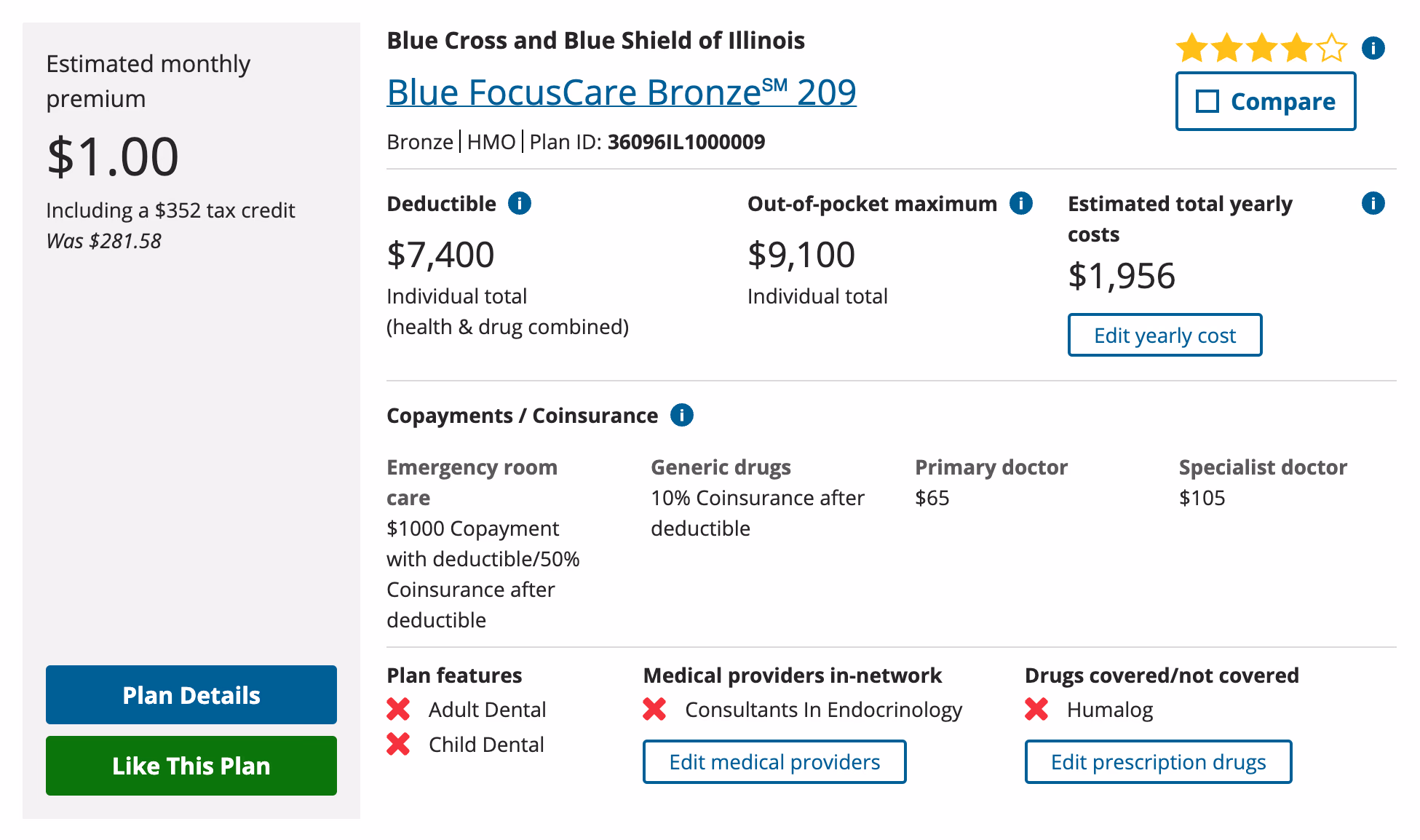 Legacy plan card from Healthcare.gov with 'Like this plan' button